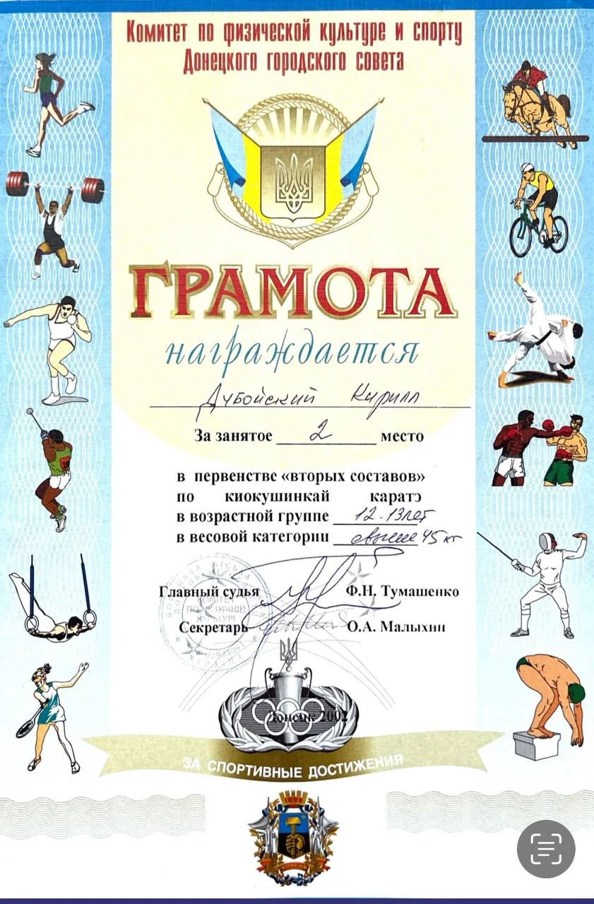 Грамота — Первенство по киокусинкай карате, Донецкий городской совет