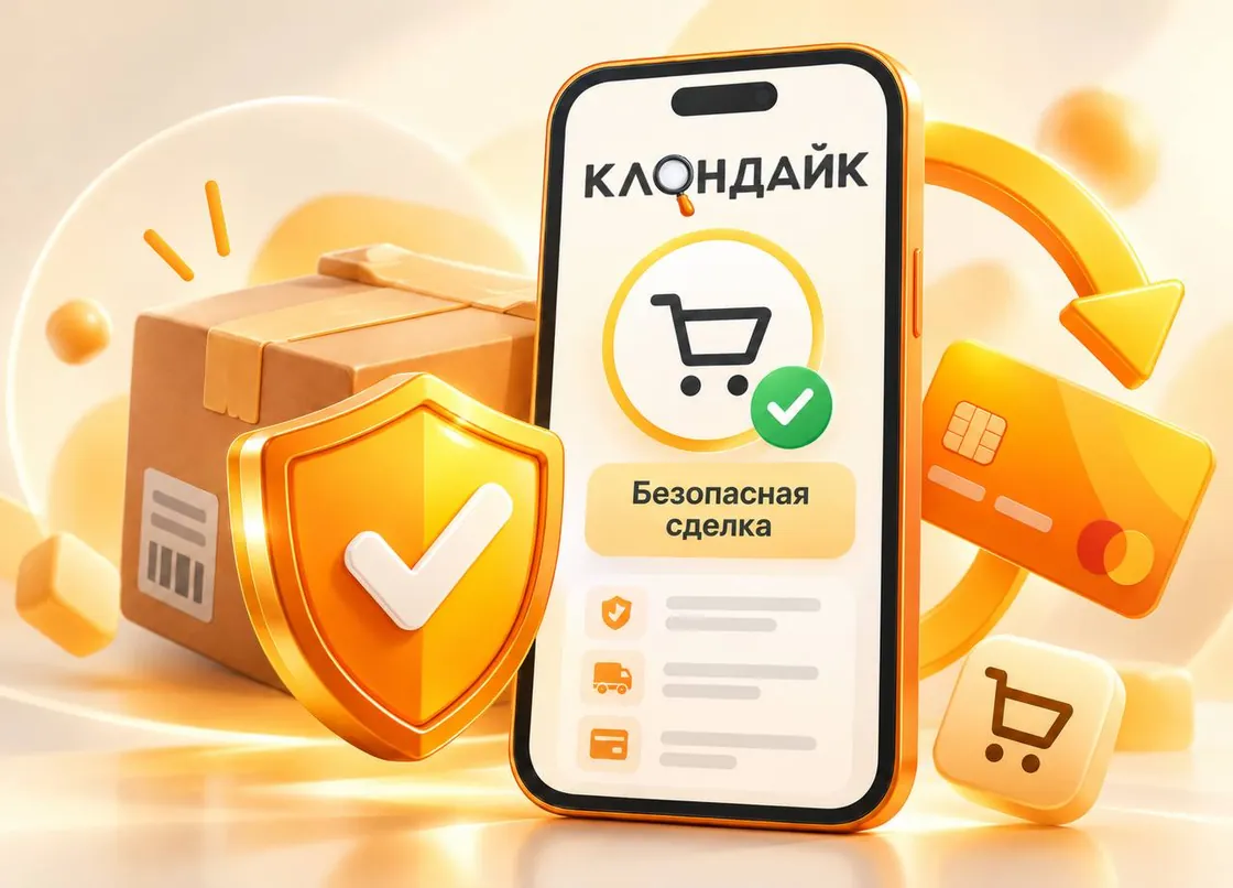 Смартфон с приложением Клондайк, щит с галочкой, коробка и банковская карта